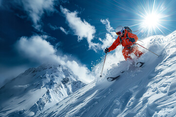 skier in a red suit descends from a dangerous mountain