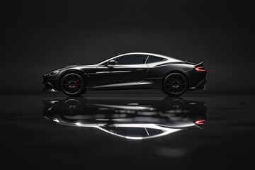a black sports car on a reflective floor