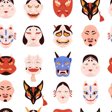 Vector seamless pattern of Japanese Kabuki mask: Okami, Noh theater, demons, Kitsune on a white background