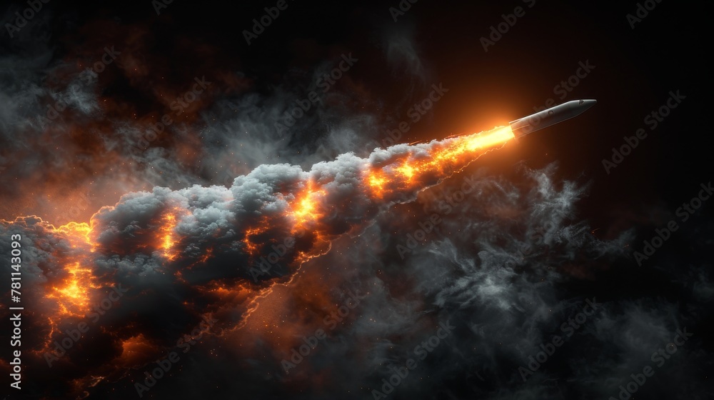 Aufkleber The smoke from a space rocket launch is accompanied by a foggy trail of an airplane or jet. The condensation track of a plane is isolated on a transparent background. This is a realistic modern