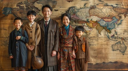 Naklejka premium Vintage-Styled East Asian Family Portrait by Antique World Map