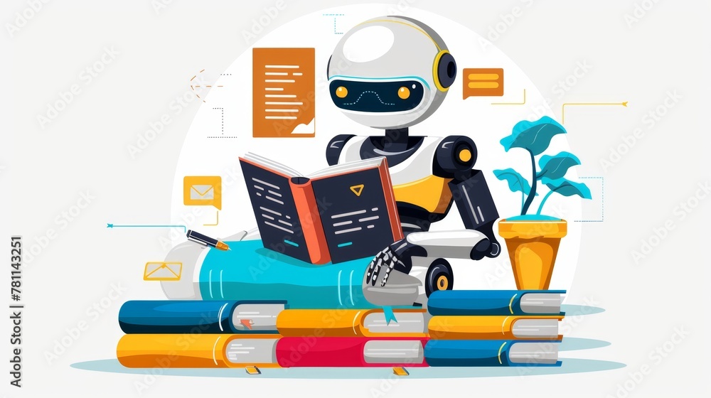 Poster futuristic robot engaged in learning over stack of colorful books