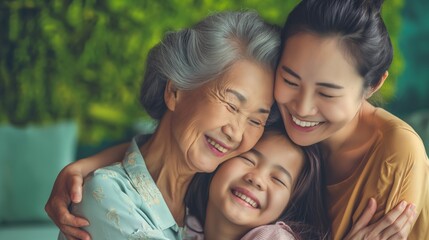 Three generations of Asian females. Portrait of grandmother, mother and daughter, Happy family of three generations.