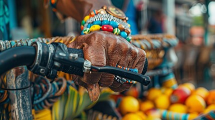 Elderly African Woman in Vibrant Traditional Attire Riding Bicycle in Market - obrazy, fototapety, plakaty