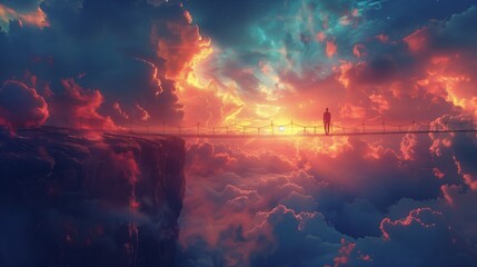 A person walks across a suspended bridge above a sea of clouds, under a surreal sky painted with the vibrant colors of sunset and twilight.
