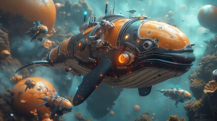 A fleet of mechanical whales, adorned with high-tech gear, embark on an exploratory mission in the vast and mysterious depths of an oceanic world. - obrazy, fototapety, plakaty