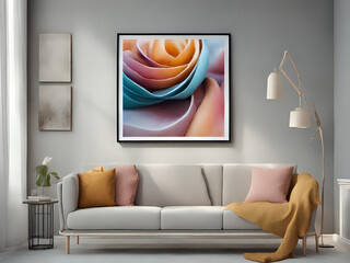 abstraktes Blüten Bild über einem grauen Sofa