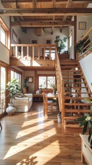 Sunlit Modern Wooden Loft Interior with Contemporary Design Elements - obrazy, fototapety, plakaty
