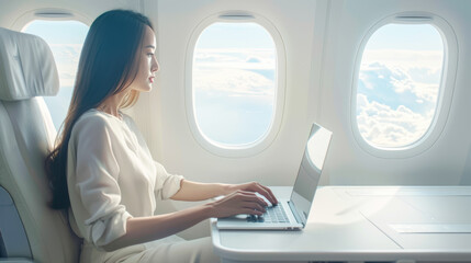 Professional asian businesswoman using laptop on airplane board. young woman using laptop sitting...