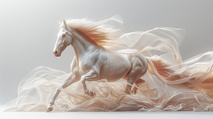 Majestic white horse with flowing ethereal mane. Digital art depiction of equine beauty and grace with dynamic motion effect on a soft background. - obrazy, fototapety, plakaty