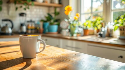 Sunny Morning Kitchen Scene with Steaming Coffee Cup on Wooden Table - obrazy, fototapety, plakaty