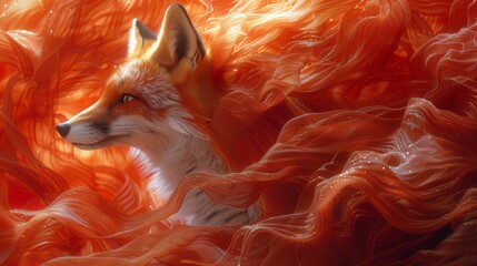 Enigmatic fox surrounded by cascades of luxurious red silk, creating a captivating blend of wildlife and opulent texture.