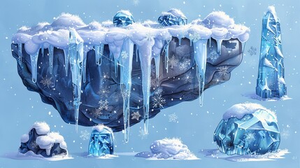 Winter decorations and game elements. Seasonal snowy ornament. Modern illustration. Set of snow caps, icicles, snowballs and snowdrift. Modern illustration.