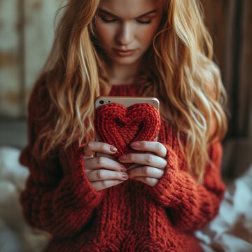 Woman in a cozy sweater using a dating app on her phone, holding a knitted heart symbolizing the search for romance and connection.
