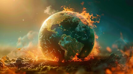 This image starkly depicts Earth enveloped in flames—a dire manifestation of accelerating global warming. It underscores the pressing need for swift, concerted action to mitigate climate change.
 - obrazy, fototapety, plakaty