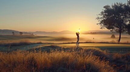 Silhouetted Golfer Enjoying a Serene Sunrise Game on a Misty Course