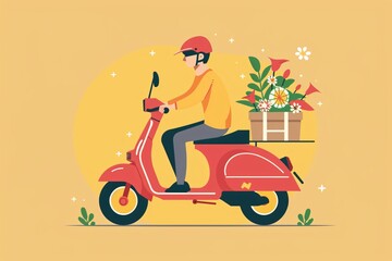 a man riding a red scooter with a basket of flowers
