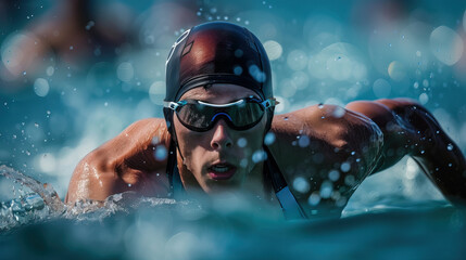 Professional male swimmer in swimming cap and goggles - Powered by Adobe