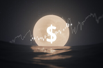 Full moon of dollar money business investment symbol finance economy currency icon concept on sea...