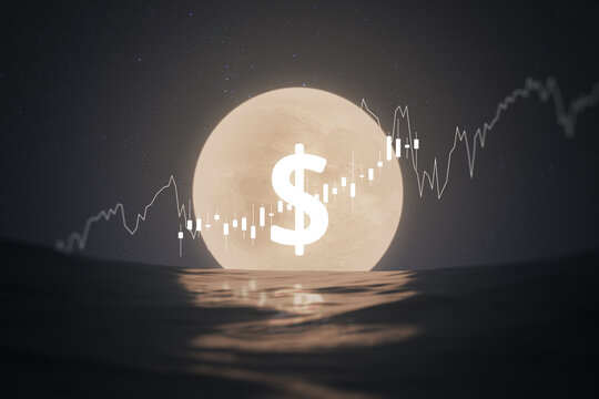 Full moon of dollar money business investment symbol finance economy currency icon concept on sea wave financial world background with success exchange profit growth usd digital market crypto price.