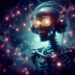 A digital art piece showcasing a skull with headphones, bathed in a mysterious blue haze and surrounded by sparkling lights.. AI Generation