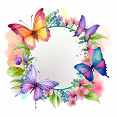 Round flower wreath with butterflies watercolor illustration, floral spring natural frame for wedding invitation design, summer decoration with flowers and leaves art