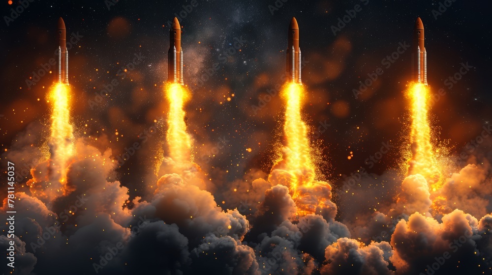 Poster rocket fire and smoke trails, modern realistic spacecraft startup launch elements. space rocket laun