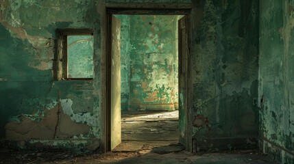 Fototapeta na wymiar Abandoned green room with sunlight