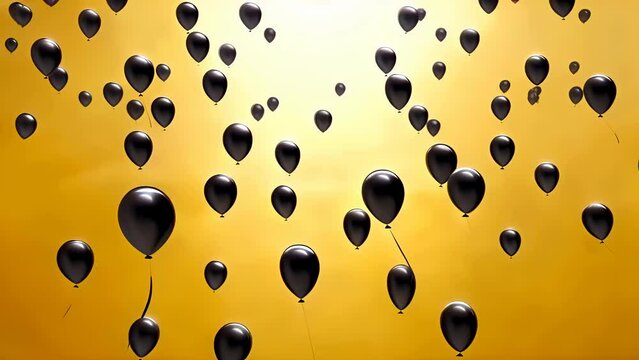 A sea of black balloons rises against a golden backdrop, creating a striking image of celebration with a hint of mystery and elegance.