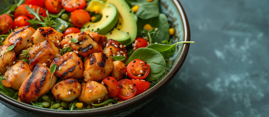 Healthy bowl with grilled chicken, avocado, tomatoes and greens close up. Food and health. Healthy meal, dinner dish. - 781145262