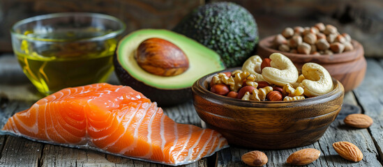 Healthy fats, omega-3 nutrition. Avocado, salmon fish, nuts, seeds, oil, olives. Close up. Food and health theme, mediterranean diet.
- 781145270
