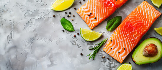 Fresh raw salmon fish and sliced avocado top view, grey background. Healthy fats, mediterranean diet. Food and health theme.
- 781145296