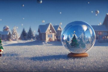 Empty glass ball on the snow 3d illustration, christmas transparent ornament on blue background, realistic abstract sphere in snow