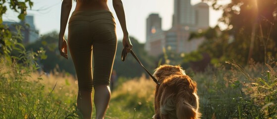 Warm sunset walk with a fluffy dog in the park