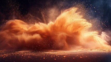 This realistic modern illustration shows a dust cloud, sandstorm, powder spray on a transparent background. A wind of dust and sand blows in the desert.