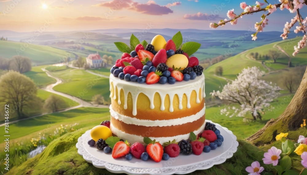 Poster a sumptuous layered cake adorned with fresh fruits and set against a scenic countryside backdrop, un