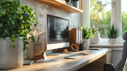 Contemporary home office setup with a computer, plants, and stylish accessories in a bright space.