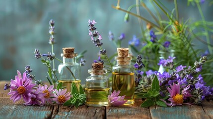 Glass Bottles of Essential Oils on Wooden Table with Lavender and Rosemary