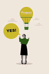 Vertical photo collage of happy businesswoman victory success project hot air balloon flight chance luck isolated on painted background