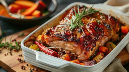 Baked pork and vegetables. Generative AI