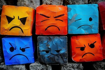 Stack of angry expression painted bricks