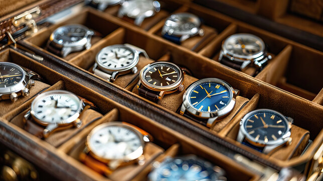 Men's Classic Watches in Display Case at Watch Shop