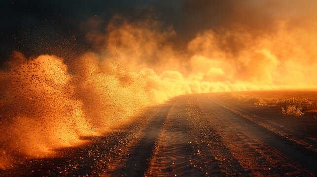 Leaving a dust trail in the wake of a car traveling fast on a dusty road. Modern realistic stock illustration in the form of a cloud of dust on a dusty road.