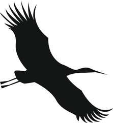 black crane flying in the sky. A contour illustration for the design of a postcard.