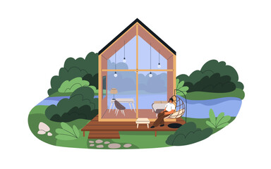Glamping house in nature. Man relaxing at holiday glass building. Luxury comfortable outdoor relaxation. Modern glam vacation, recreation place. Flat vector illustration isolated on white background - obrazy, fototapety, plakaty