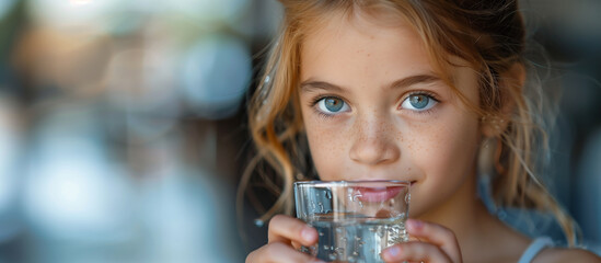 A child holding a glass of pure clean spring water. A girl with blonde hair and blue eyes drinking water.  - obrazy, fototapety, plakaty