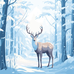 Deer in the forest winter landscape. Deer in the woods among the trees. Vector illustration.