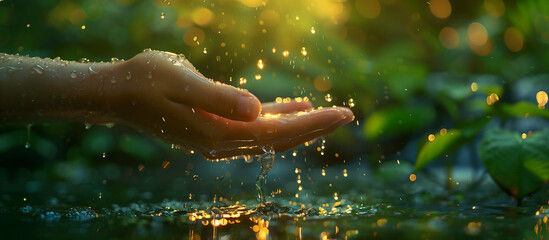 Splashing pure spring water on woman hands on green nature background.