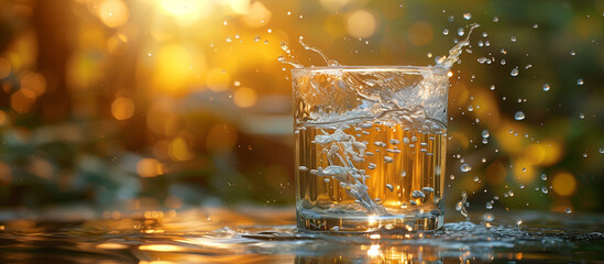 A glass of pure spring water on green nature background and sun light. - obrazy, fototapety, plakaty