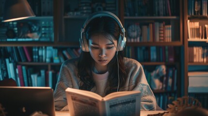 A woman with headphones on, engrossed in reading a book.
